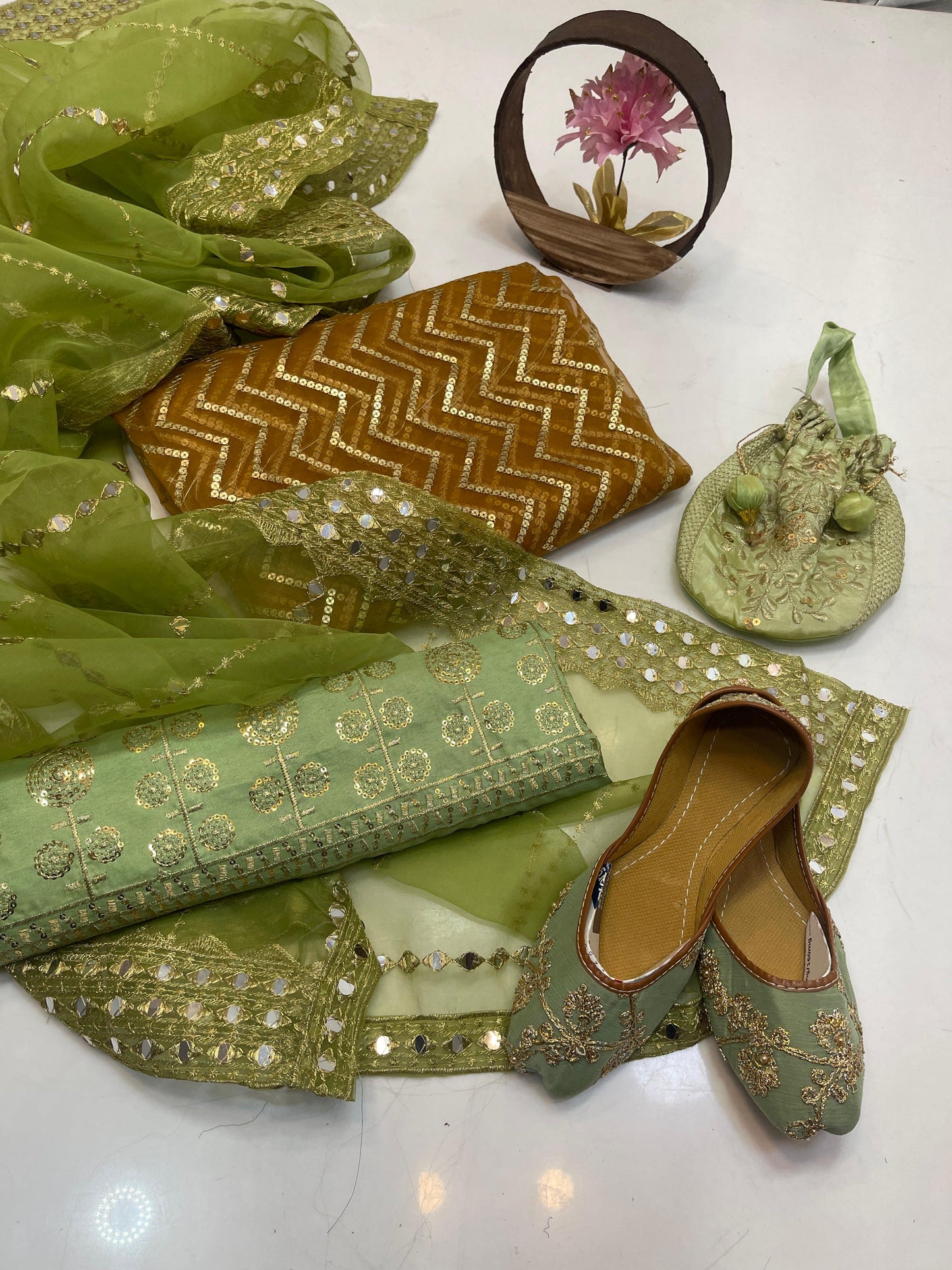 Luxury Fancy Embroidered Organza 5-Piece Suit with Matching Khussa & Handbag