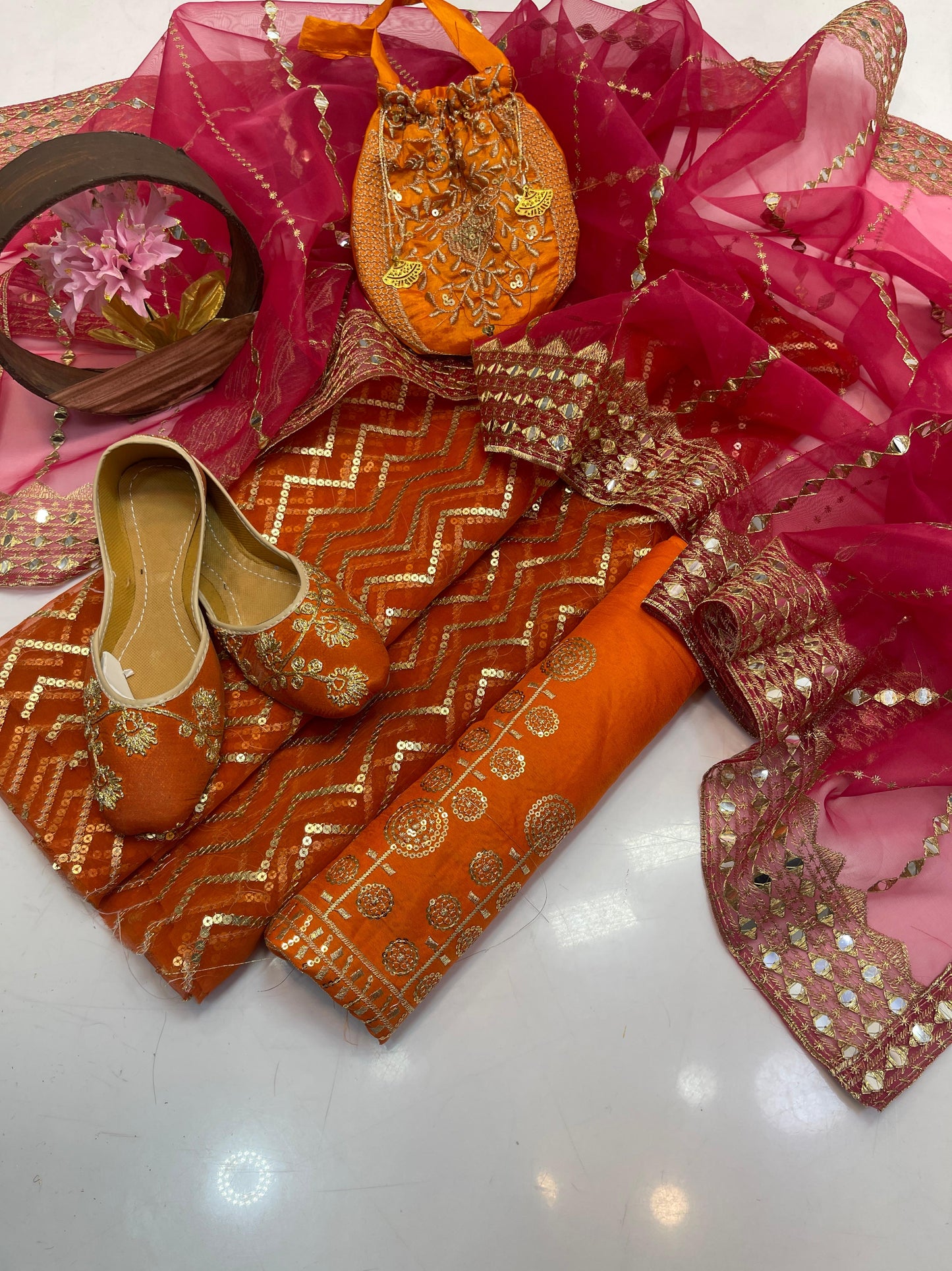 Luxury Fancy Embroidered Organza 5-Piece Suit with Matching Khussa & Handbag