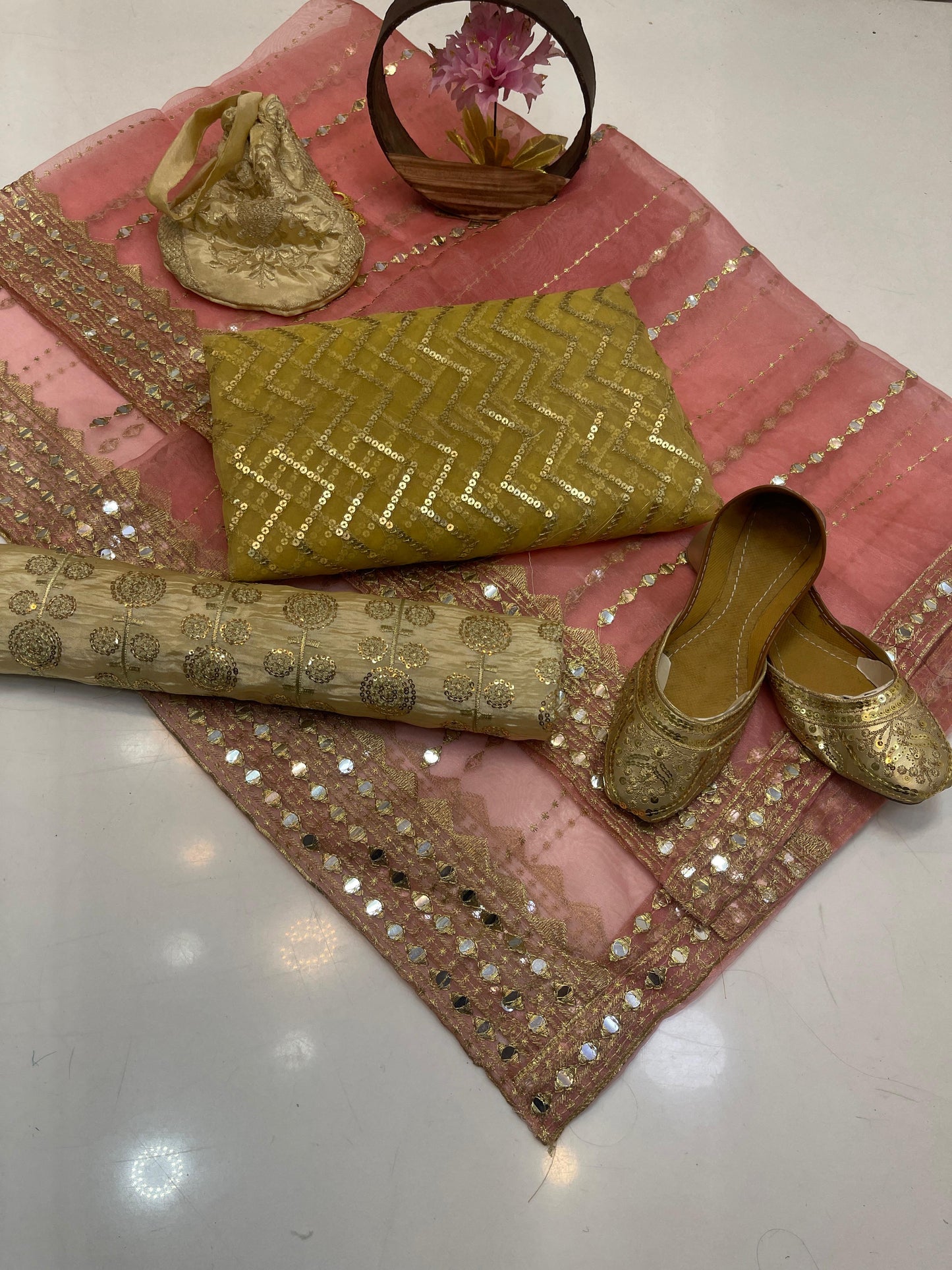 Luxury Fancy Embroidered Organza 5-Piece Suit with Matching Khussa & Handbag