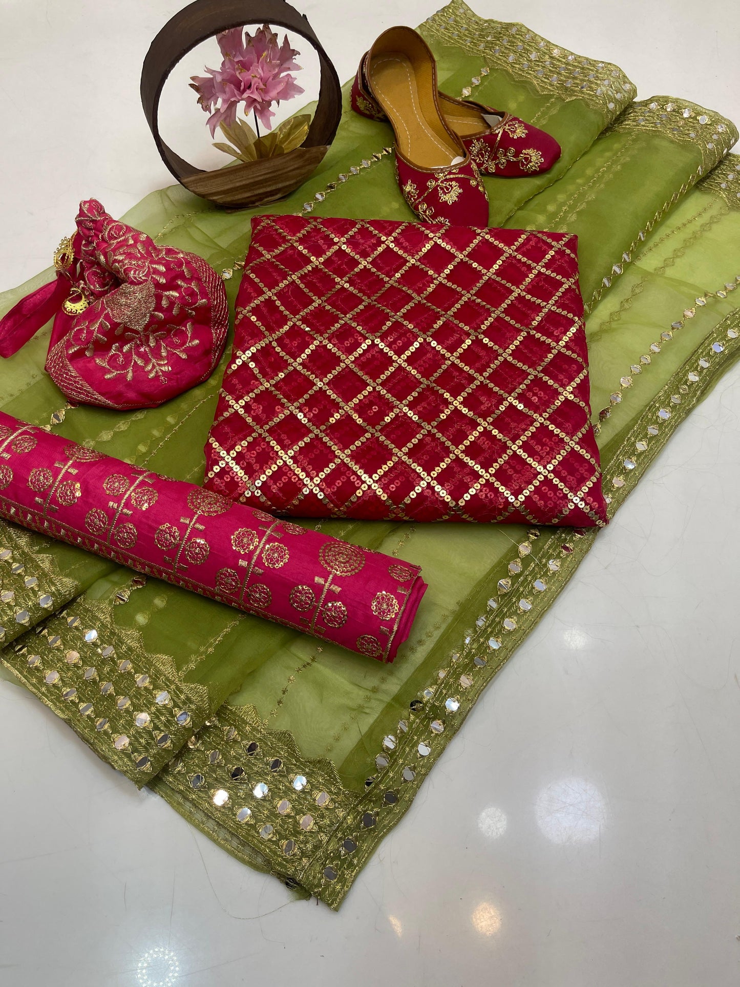 Luxury Fancy Embroidered Organza 5-Piece Suit with Matching Khussa & Handbag