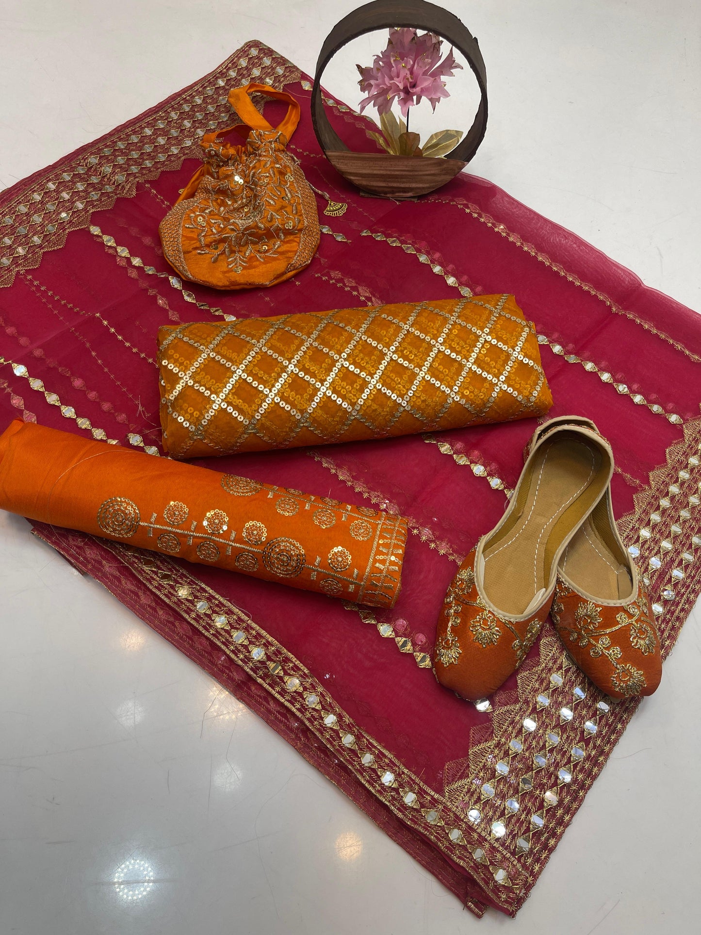 Luxury Fancy Embroidered Organza 5-Piece Suit with Matching Khussa & Handbag