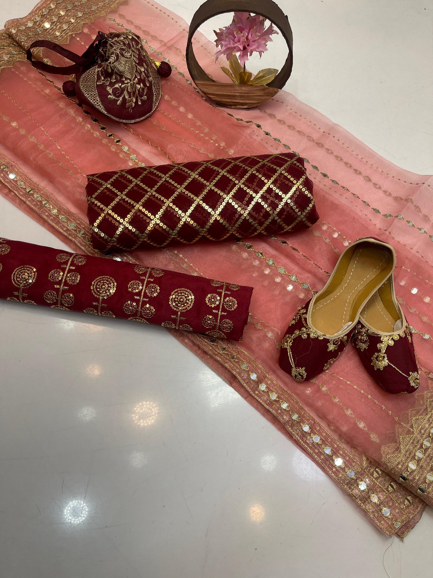 Luxury Fancy Embroidered Organza 5-Piece Suit with Matching Khussa & Handbag