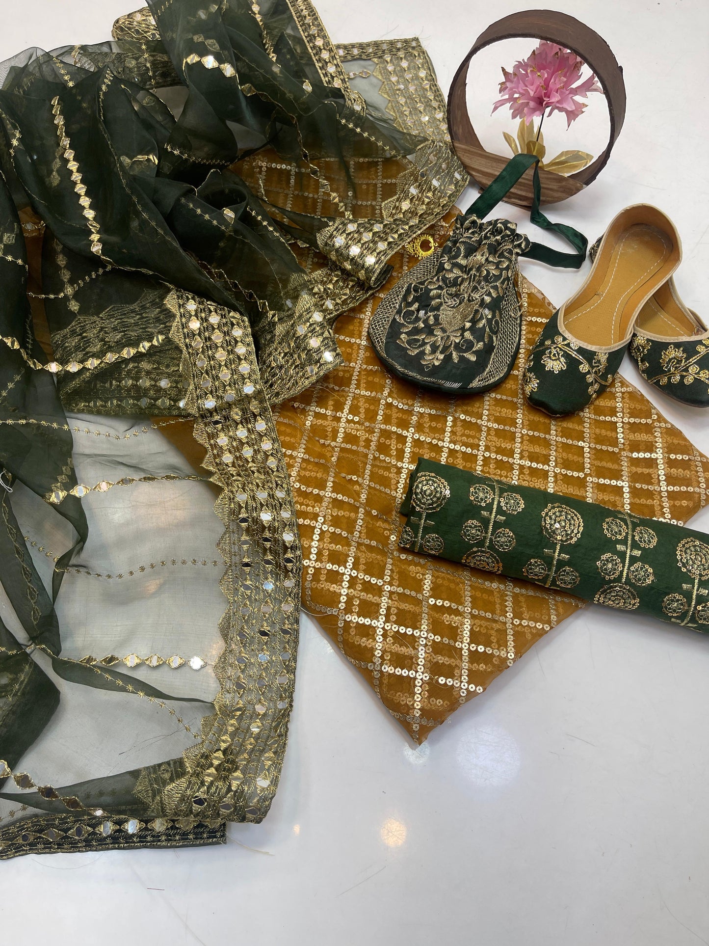 Luxury Fancy Embroidered Organza 5-Piece Suit with Matching Khussa & Handbag