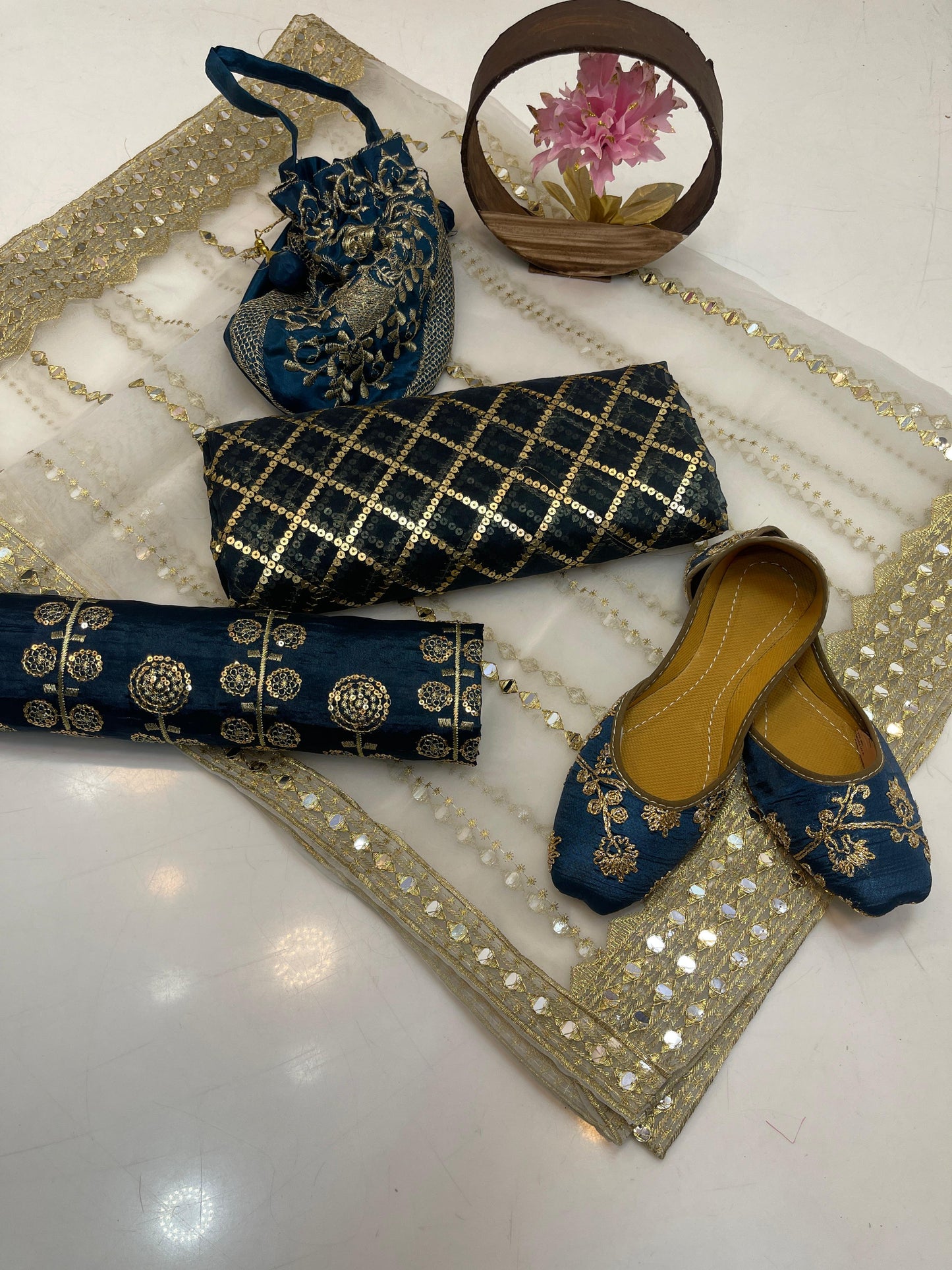 Luxury Fancy Embroidered Organza 5-Piece Suit with Matching Khussa & Handbag