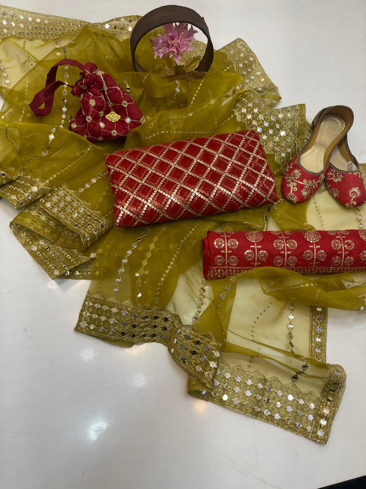Luxury Fancy Embroidered Organza 5-Piece Suit with Matching Khussa & Handbag
