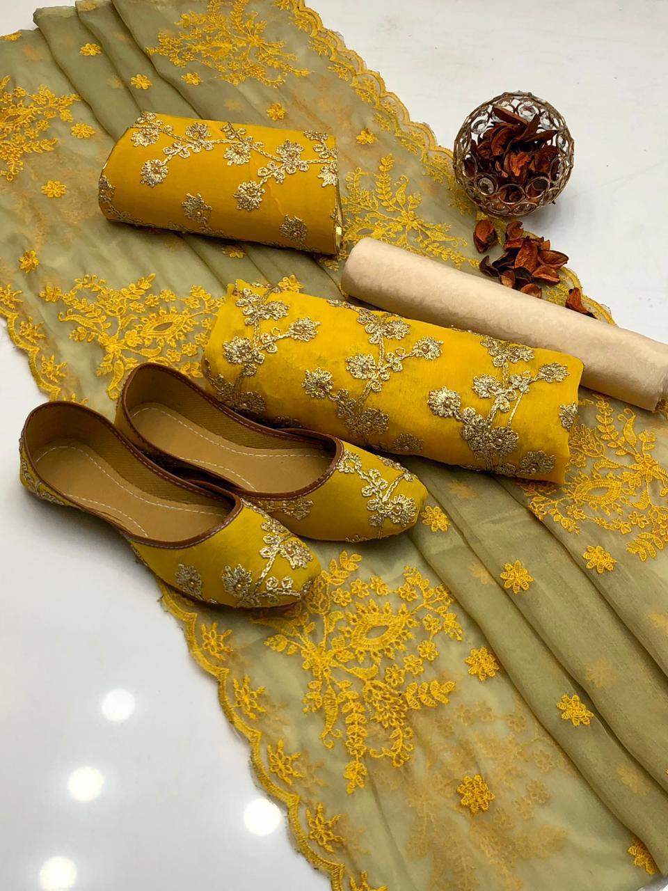 Luxury Crinkle Chiffon Fancy 5-Piece Suit with Matching Khussa & Clutch