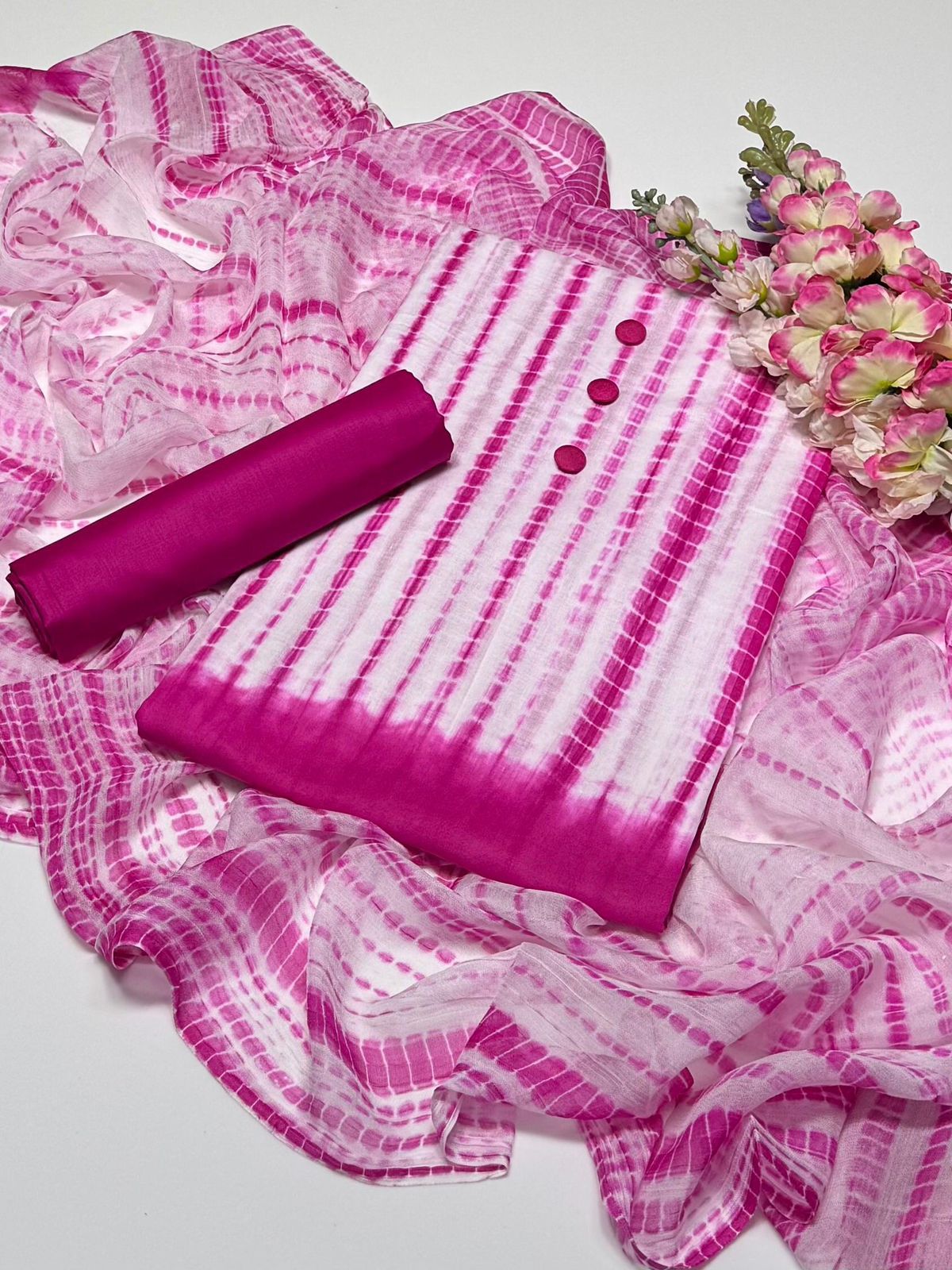 New Summer Collection – 3 Piece Tie & Dye Cotton Unstitched Suit with Chiffon Dupatta