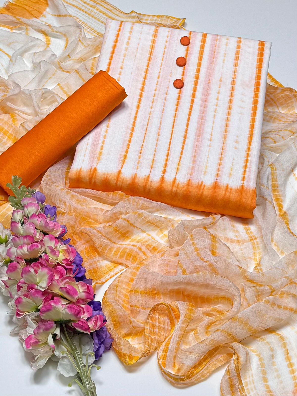 New Summer Collection – 3 Piece Tie & Dye Cotton Unstitched Suit with Chiffon Dupatta