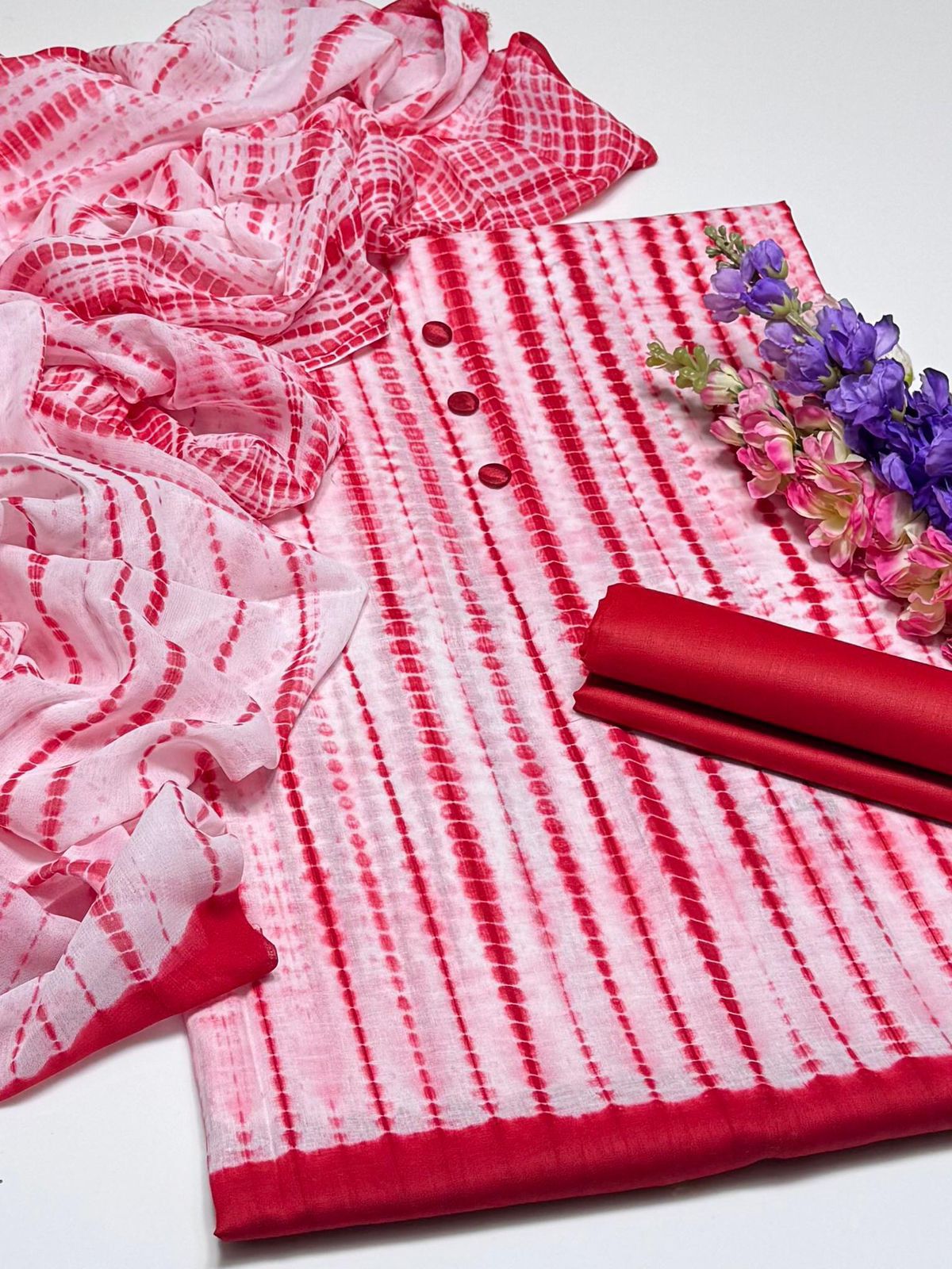 New Summer Collection – 3 Piece Tie & Dye Cotton Unstitched Suit with Chiffon Dupatta