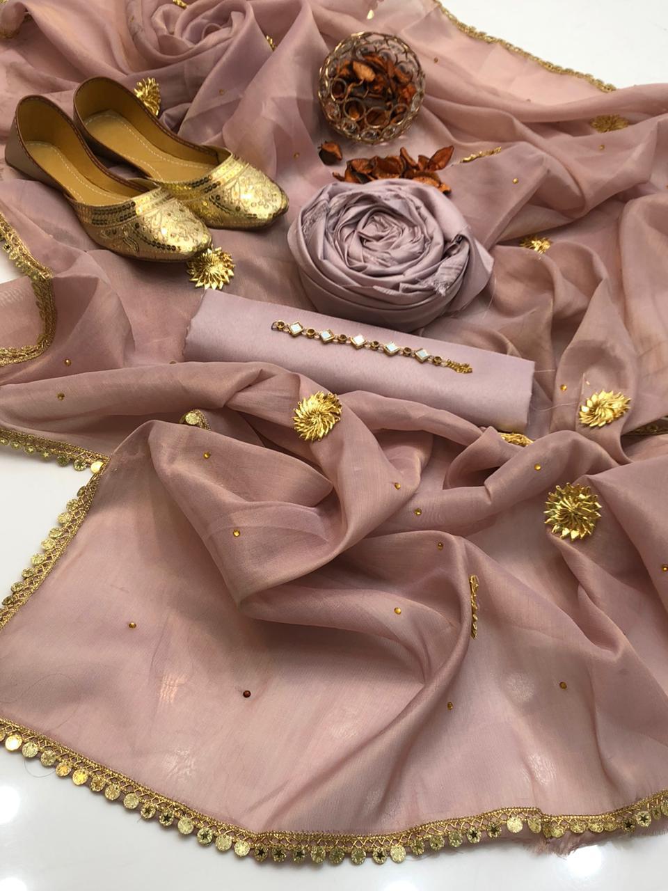 🔥 New Collection | Katan Silk 3-Piece Suit with Masori Zari Gota Dupatta & Khussa