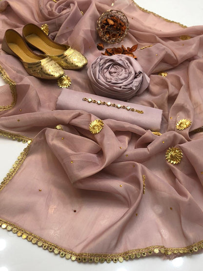🔥 New Collection | Katan Silk 3-Piece Suit with Masori Zari Gota Dupatta & Khussa