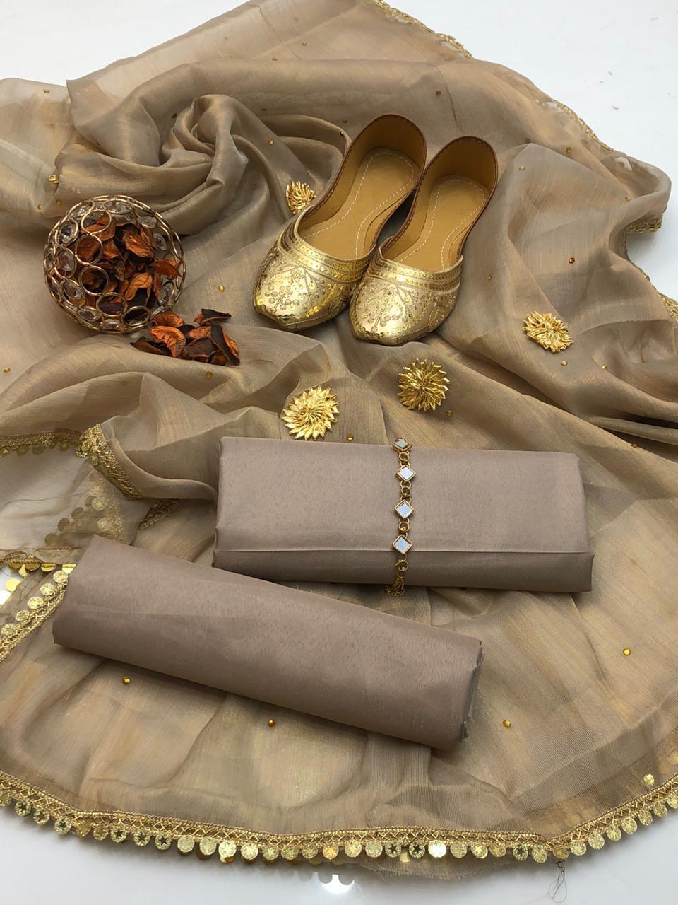 🔥 New Collection | Katan Silk 3-Piece Suit with Masori Zari Gota Dupatta & Khussa