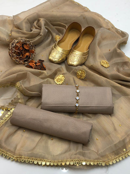 🔥 New Collection | Katan Silk 3-Piece Suit with Masori Zari Gota Dupatta & Khussa