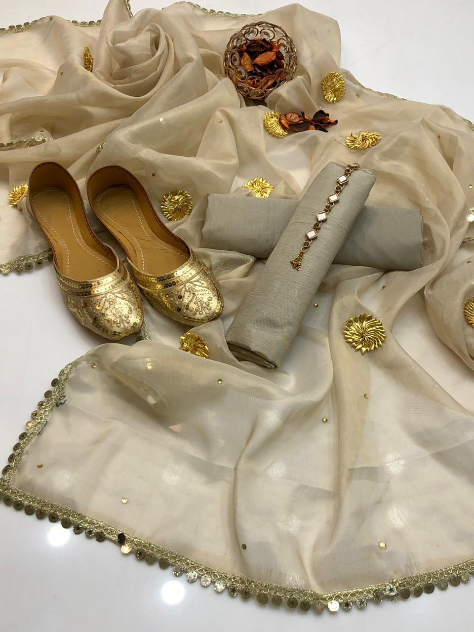 🔥 New Collection | Katan Silk 3-Piece Suit with Masori Zari Gota Dupatta & Khussa