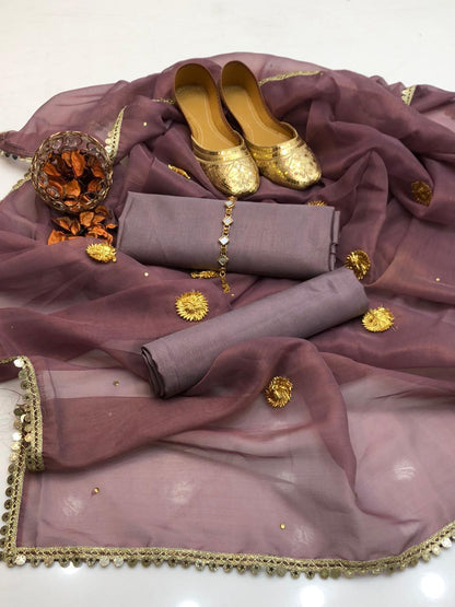 🔥 New Collection | Katan Silk 3-Piece Suit with Masori Zari Gota Dupatta & Khussa