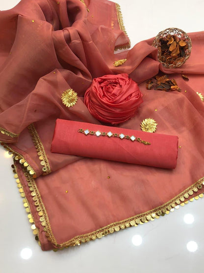 🔥 New Collection | Katan Silk 3-Piece Suit with Masori Zari Gota Dupatta & Khussa