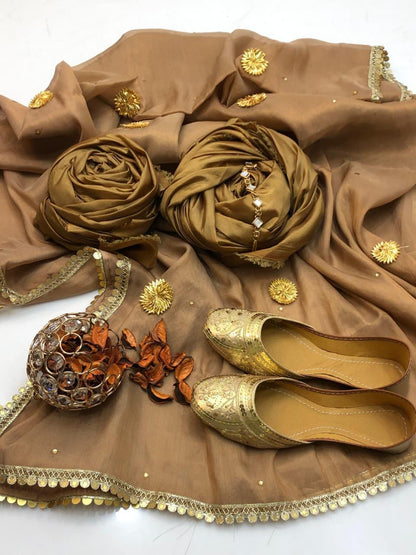 🔥 New Collection | Katan Silk 3-Piece Suit with Masori Zari Gota Dupatta & Khussa