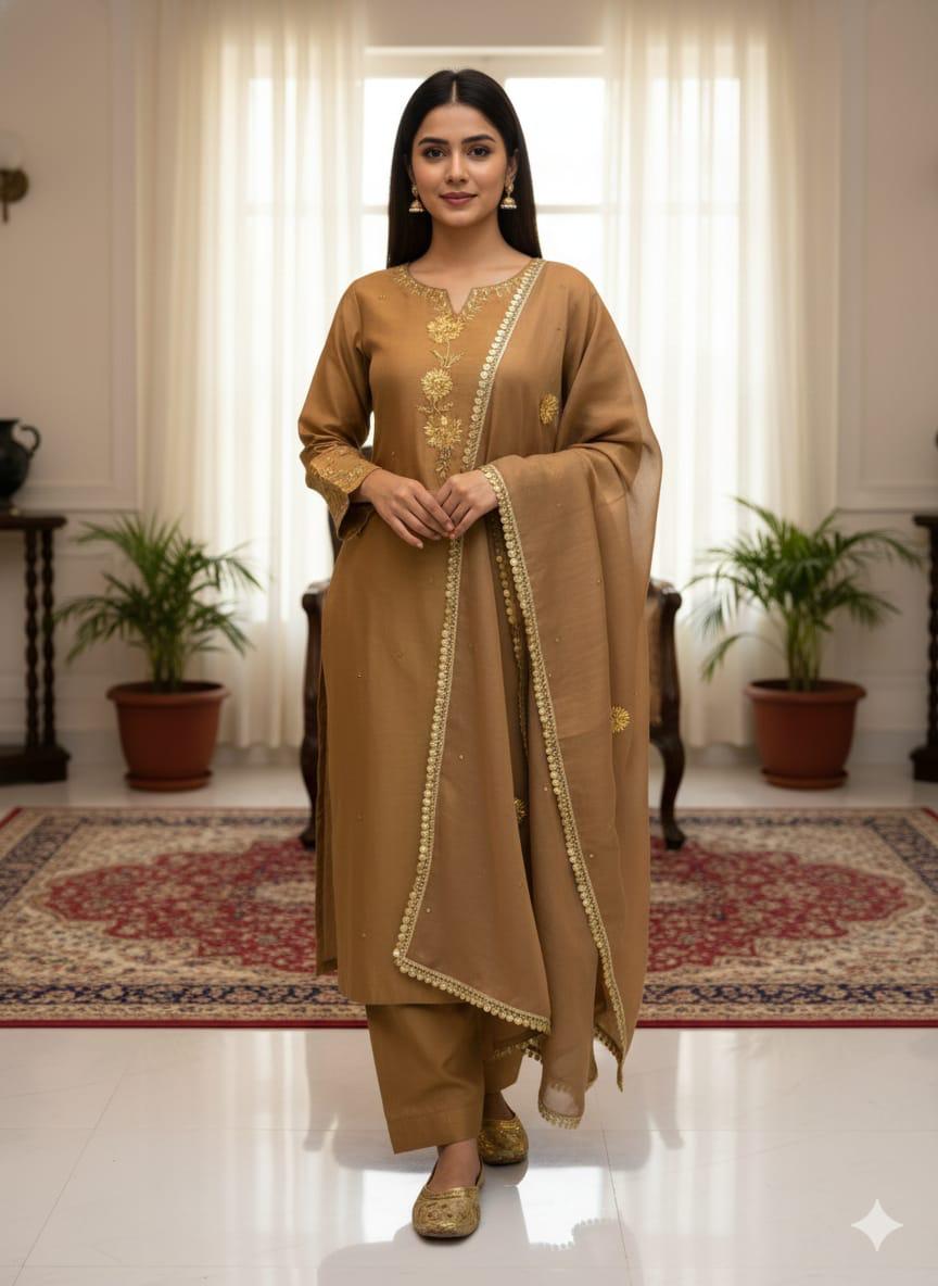 🔥 New Collection | Katan Silk 3-Piece Suit with Masori Zari Gota Dupatta & Khussa