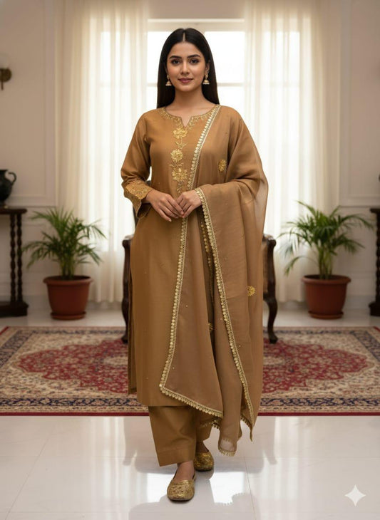 🔥 New Collection | Katan Silk 3-Piece Suit with Masori Zari Gota Dupatta & Khussa