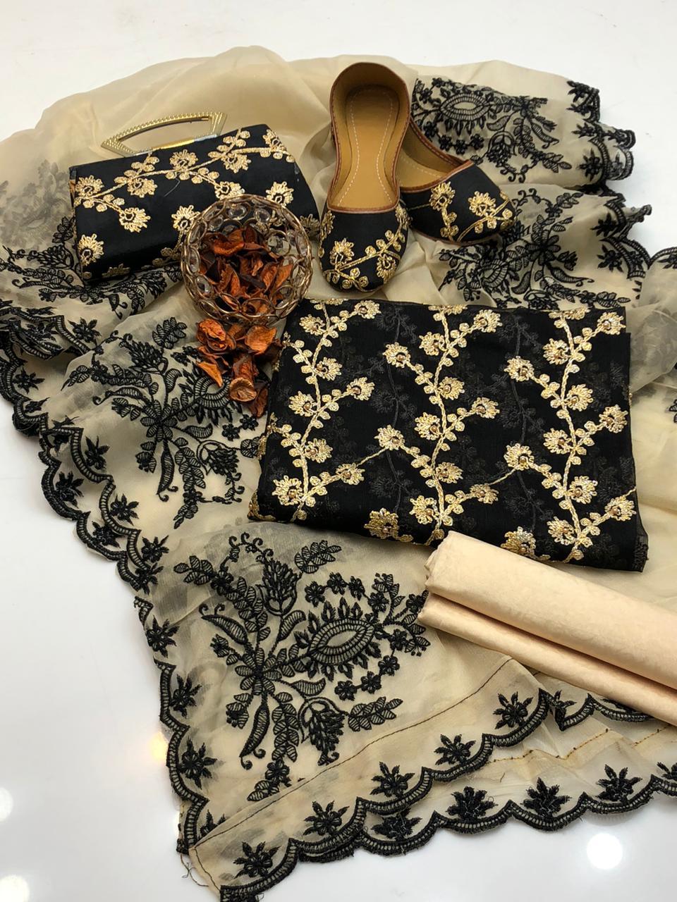 ✨ Fancy Collection 5-Piece Crinkle Chiffon Embroidered Suit with Matching Khussa & Clutch