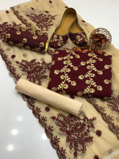 ✨ Fancy Collection 5-Piece Crinkle Chiffon Embroidered Suit with Matching Khussa & Clutch