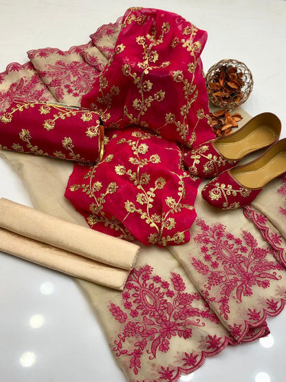 ✨ Fancy Collection 5-Piece Crinkle Chiffon Embroidered Suit with Matching Khussa & Clutch