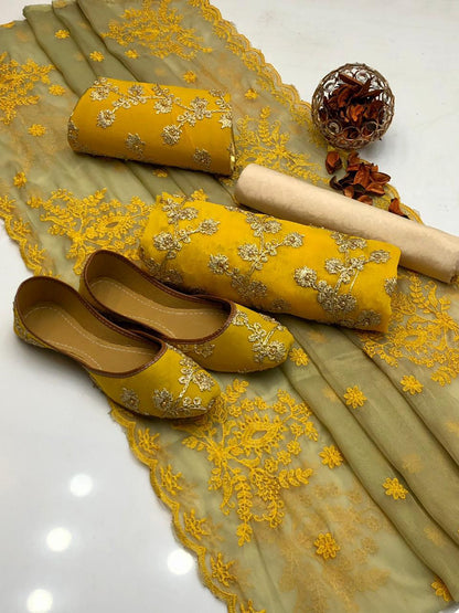 ✨ Fancy Collection 5-Piece Crinkle Chiffon Embroidered Suit with Matching Khussa & Clutch