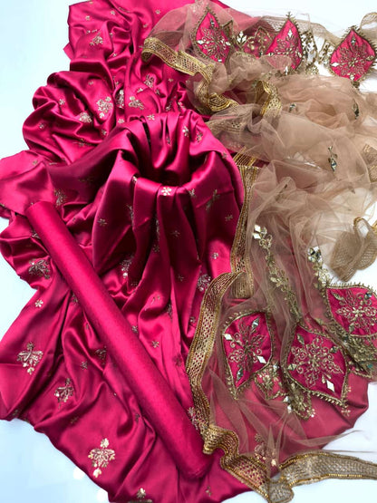 ✨ Fancy 3-Piece Shamooz Silk Embroidered Suit with Indian Net Dupatta & Kattan Silk Trouser
