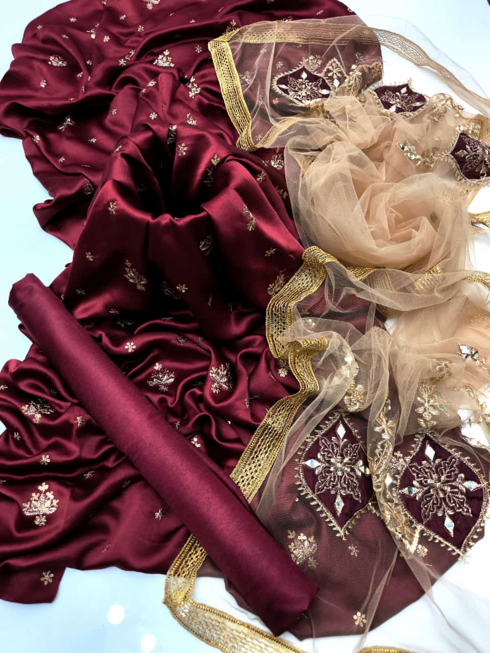 ✨ Fancy 3-Piece Shamooz Silk Embroidered Suit with Indian Net Dupatta & Kattan Silk Trouser