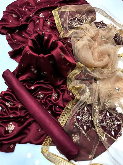 ✨ Fancy 3-Piece Shamooz Silk Embroidered Suit with Indian Net Dupatta & Kattan Silk Trouser