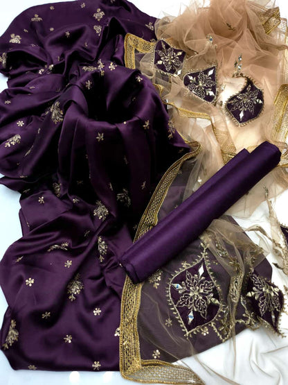 ✨ Fancy 3-Piece Shamooz Silk Embroidered Suit with Indian Net Dupatta & Kattan Silk Trouser