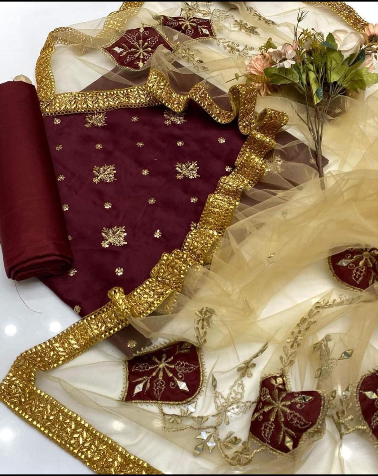✨ Fancy 3-Piece Shamooz Silk Embroidered Suit with Indian Net Dupatta & Kattan Silk Trouser