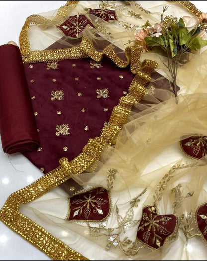 ✨ Fancy 3-Piece Shamooz Silk Embroidered Suit with Indian Net Dupatta & Kattan Silk Trouser
