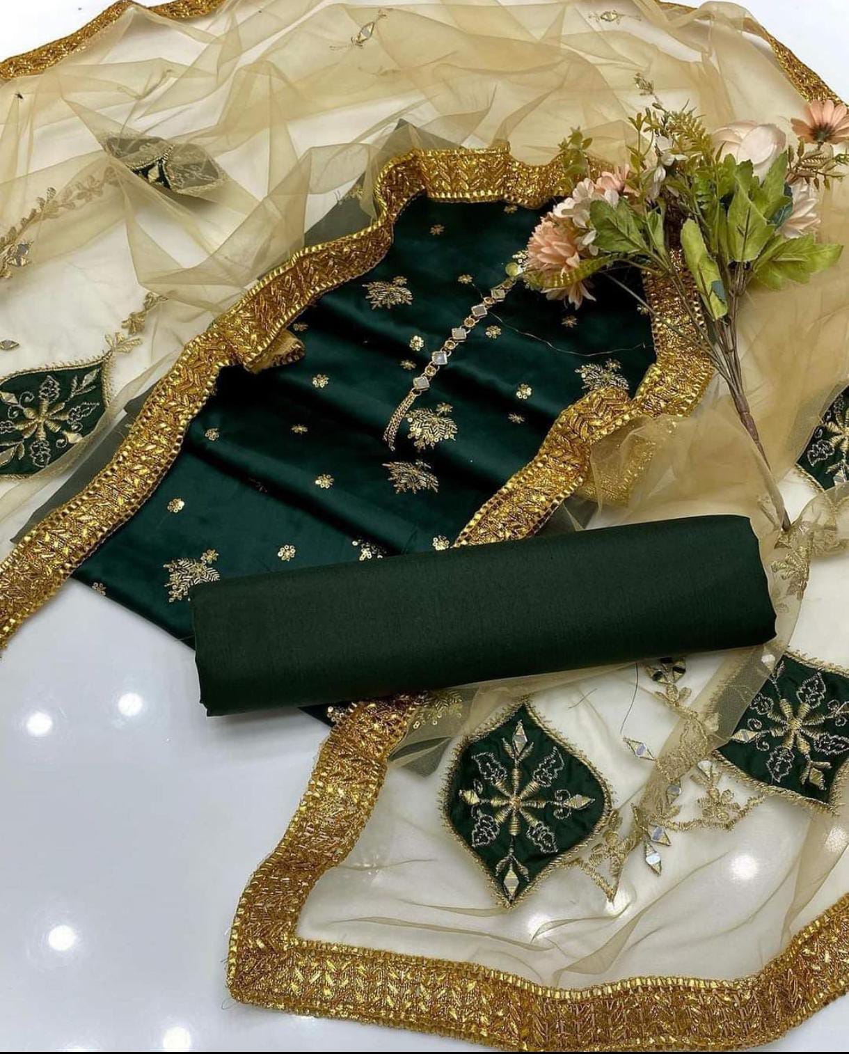 ✨ Fancy 3-Piece Shamooz Silk Embroidered Suit with Indian Net Dupatta & Kattan Silk Trouser