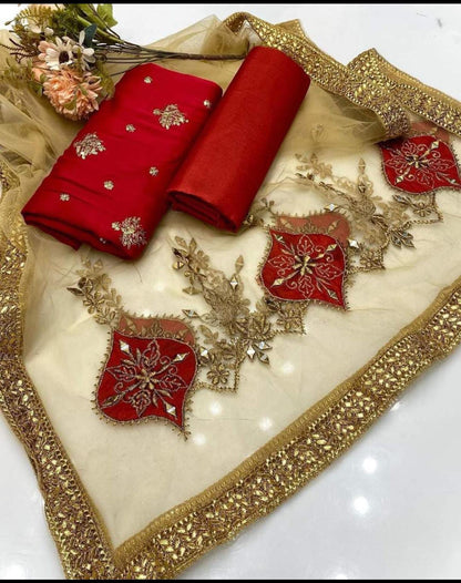 ✨ Fancy 3-Piece Shamooz Silk Embroidered Suit with Indian Net Dupatta & Kattan Silk Trouser