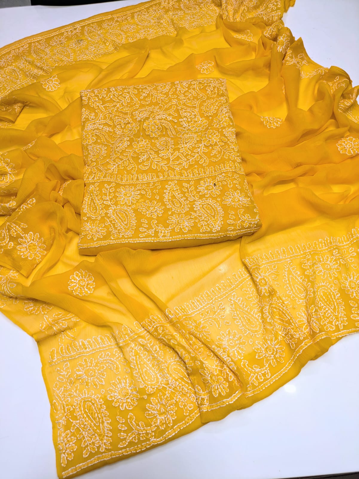 ✨ Premium 2-Piece Bamber Chiffon Handmade Chicken Kari Suit with Heavy Border Dupatta