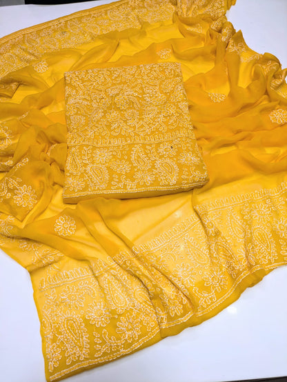 ✨ Premium 2-Piece Bamber Chiffon Handmade Chicken Kari Suit with Heavy Border Dupatta