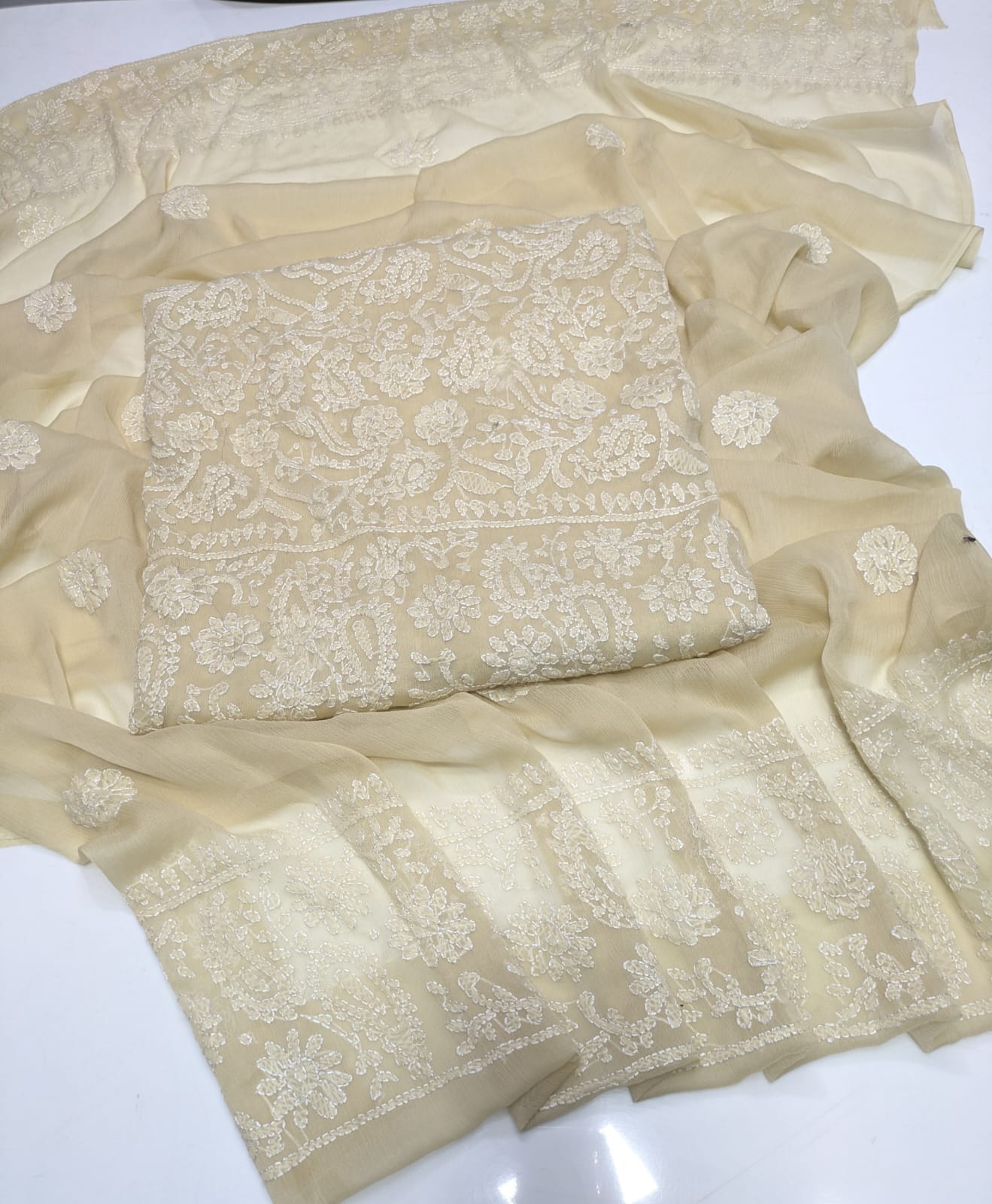 ✨ Premium 2-Piece Bamber Chiffon Handmade Chicken Kari Suit with Heavy Border Dupatta
