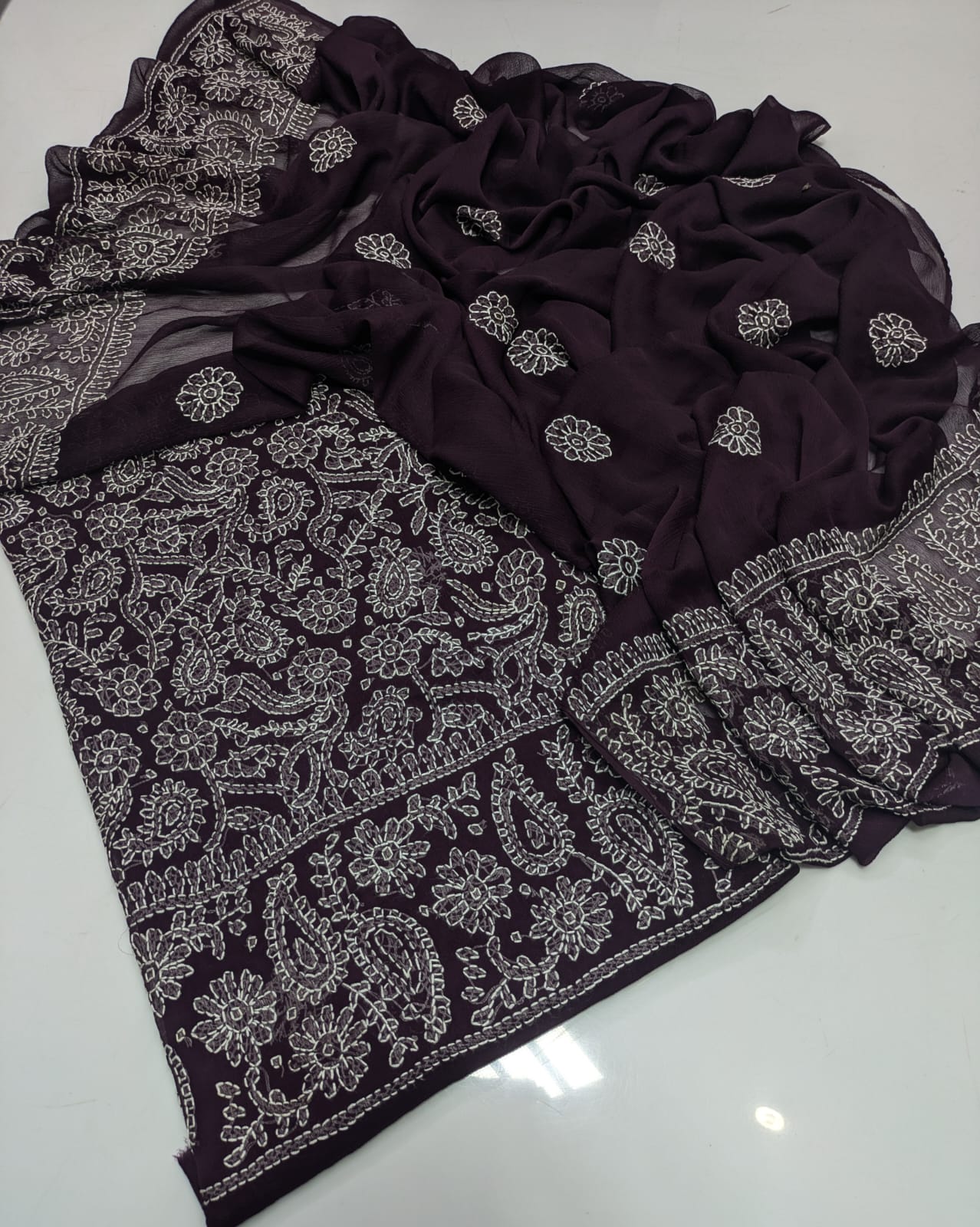 ✨ Premium 2-Piece Bamber Chiffon Handmade Chicken Kari Suit with Heavy Border Dupatta