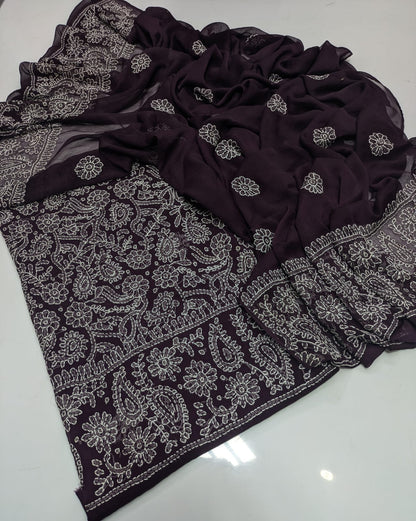 ✨ Premium 2-Piece Bamber Chiffon Handmade Chicken Kari Suit with Heavy Border Dupatta