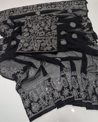 ✨ Premium 2-Piece Bamber Chiffon Handmade Chicken Kari Suit with Heavy Border Dupatta