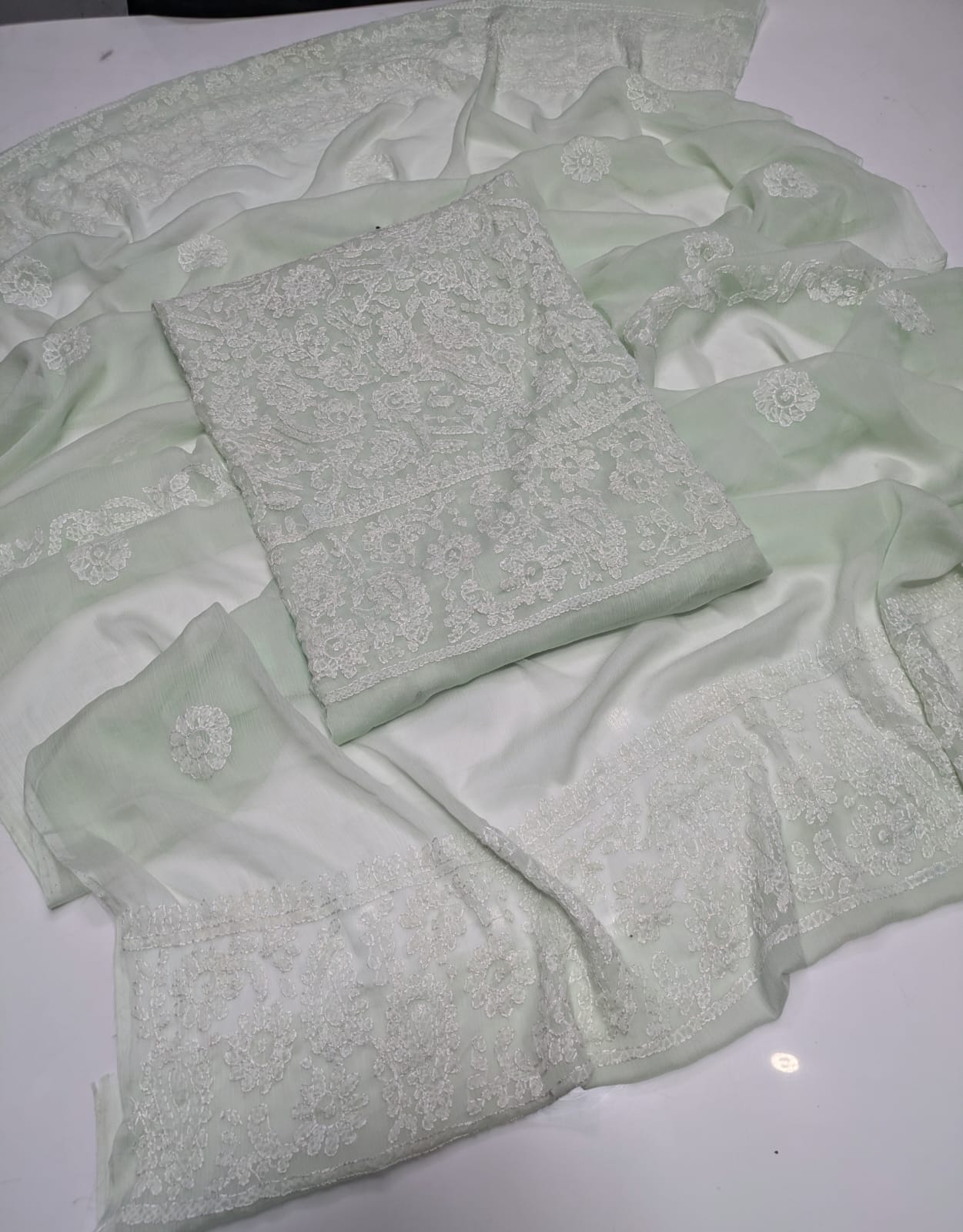 ✨ Premium 2-Piece Bamber Chiffon Handmade Chicken Kari Suit with Heavy Border Dupatta