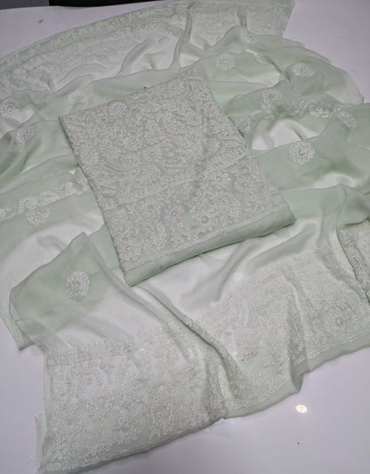 ✨ Premium 2-Piece Bamber Chiffon Handmade Chicken Kari Suit with Heavy Border Dupatta