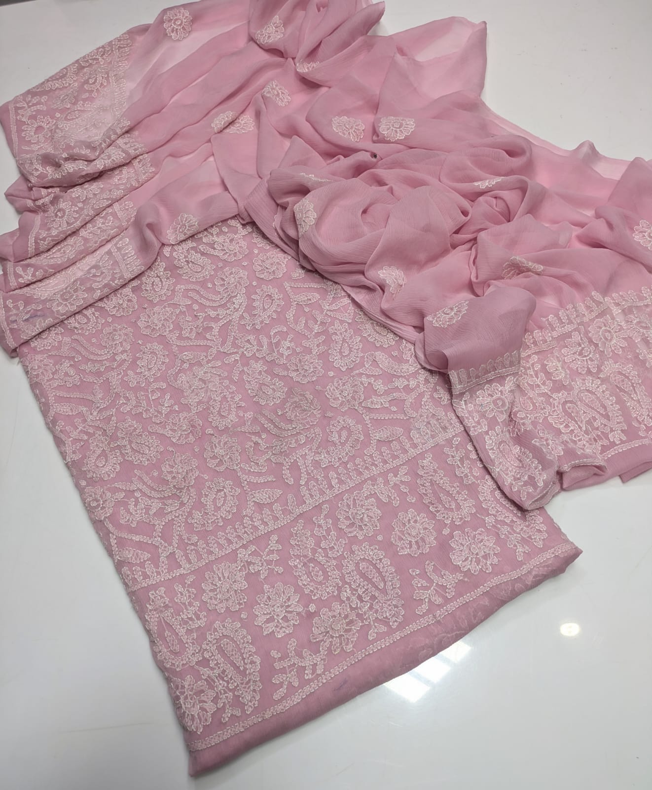 ✨ Premium 2-Piece Bamber Chiffon Handmade Chicken Kari Suit with Heavy Border Dupatta