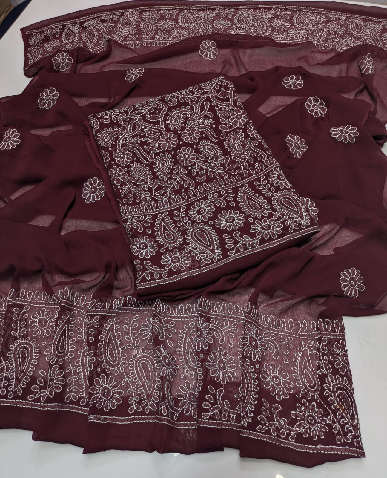 ✨ Premium 2-Piece Bamber Chiffon Handmade Chicken Kari Suit with Heavy Border Dupatta