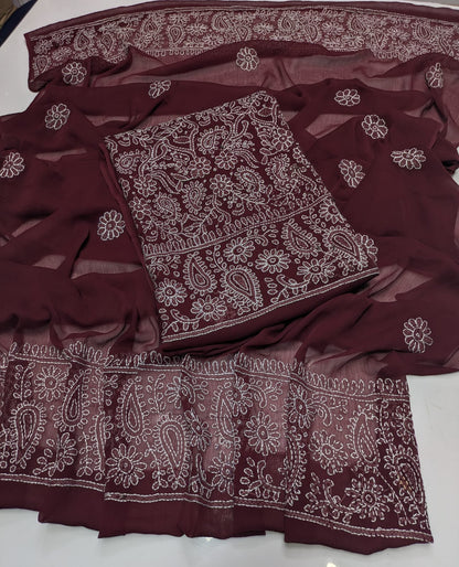 ✨ Premium 2-Piece Bamber Chiffon Handmade Chicken Kari Suit with Heavy Border Dupatta