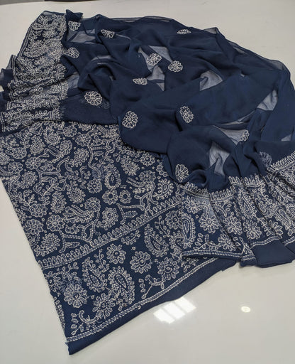 ✨ Premium 2-Piece Bamber Chiffon Handmade Chicken Kari Suit with Heavy Border Dupatta