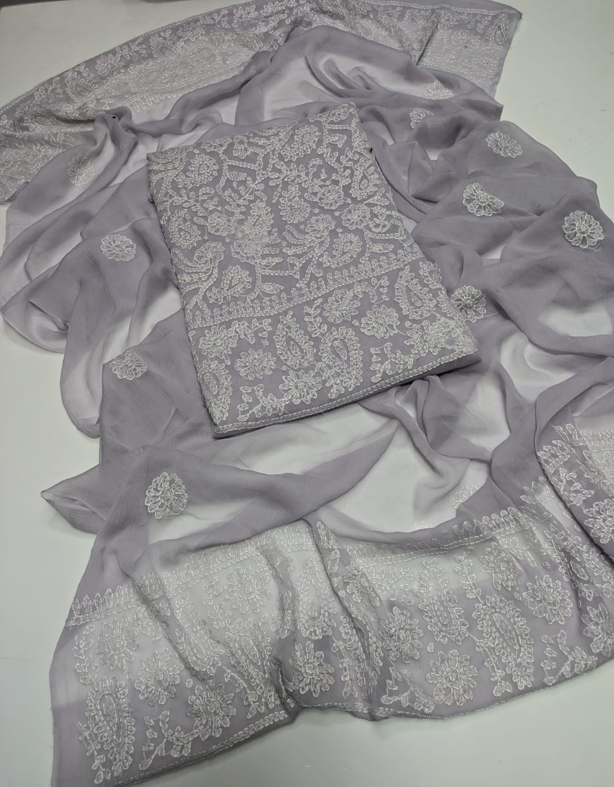 ✨ Premium 2-Piece Bamber Chiffon Handmade Chicken Kari Suit with Heavy Border Dupatta