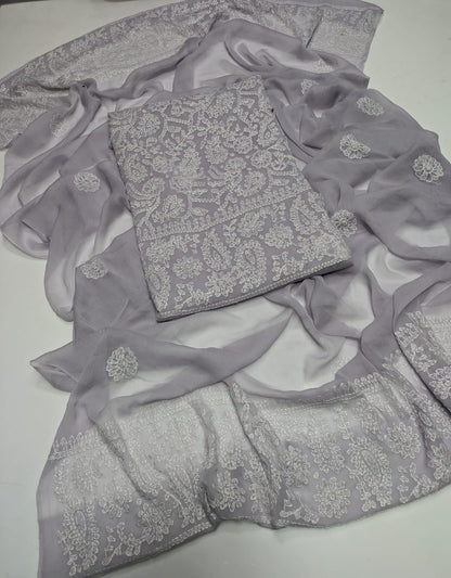 ✨ Premium 2-Piece Bamber Chiffon Handmade Chicken Kari Suit with Heavy Border Dupatta