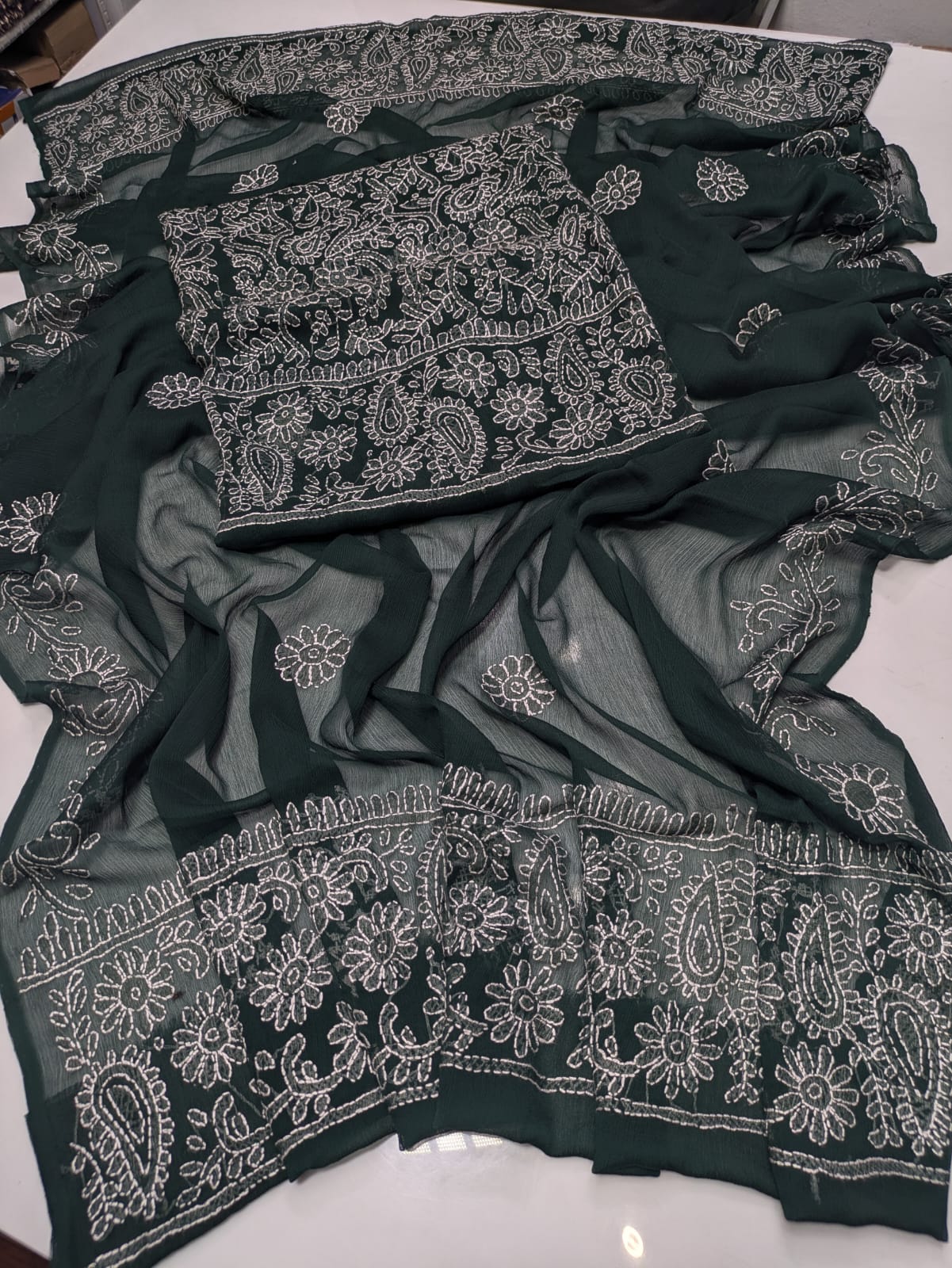 ✨ Premium 2-Piece Bamber Chiffon Handmade Chicken Kari Suit with Heavy Border Dupatta